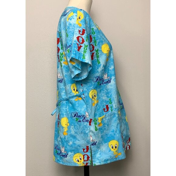 Looney Tunes Tweety Christmas Scrub Top Size S Blue Cartoon Print V-Neck Holiday - Picture 4 of 16